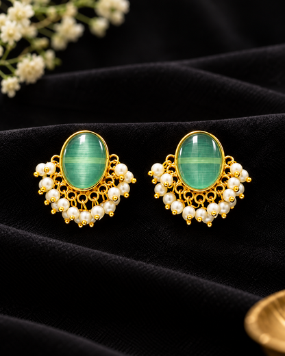 Oval Cabochon Pearl-Fringe Stud Earrings