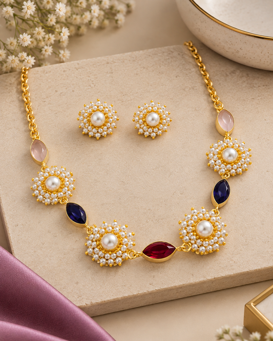 Pearl Floral Blue & Ruby Gemstone Necklace