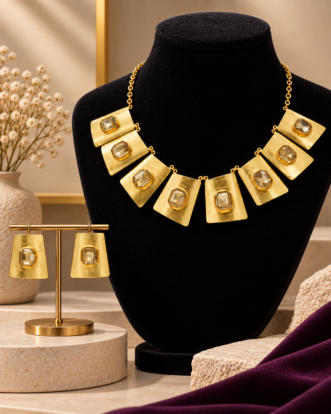 Gold statement necklace and matching drop earrings displayed on a black velvet mannequin bust and a gold stand, with a beige tabletop, dried flowers, and a draped purple fabric in the background.