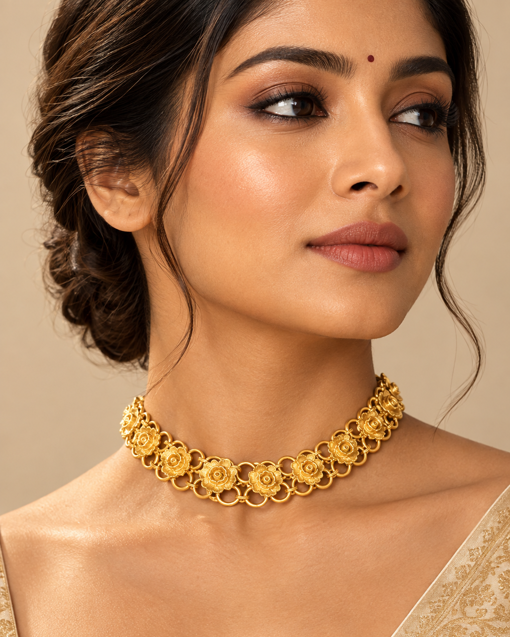 A close-up lifestyle shot of a woman wearing a gold floral link necklace. The necklace features detailed rose-shaped links connected by circular rings, shown on a model's neck and collarbone against a warm, softly blurred background.
