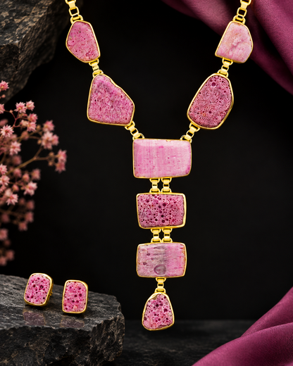Raw Pink Agate Y-Shaped Statement Necklace