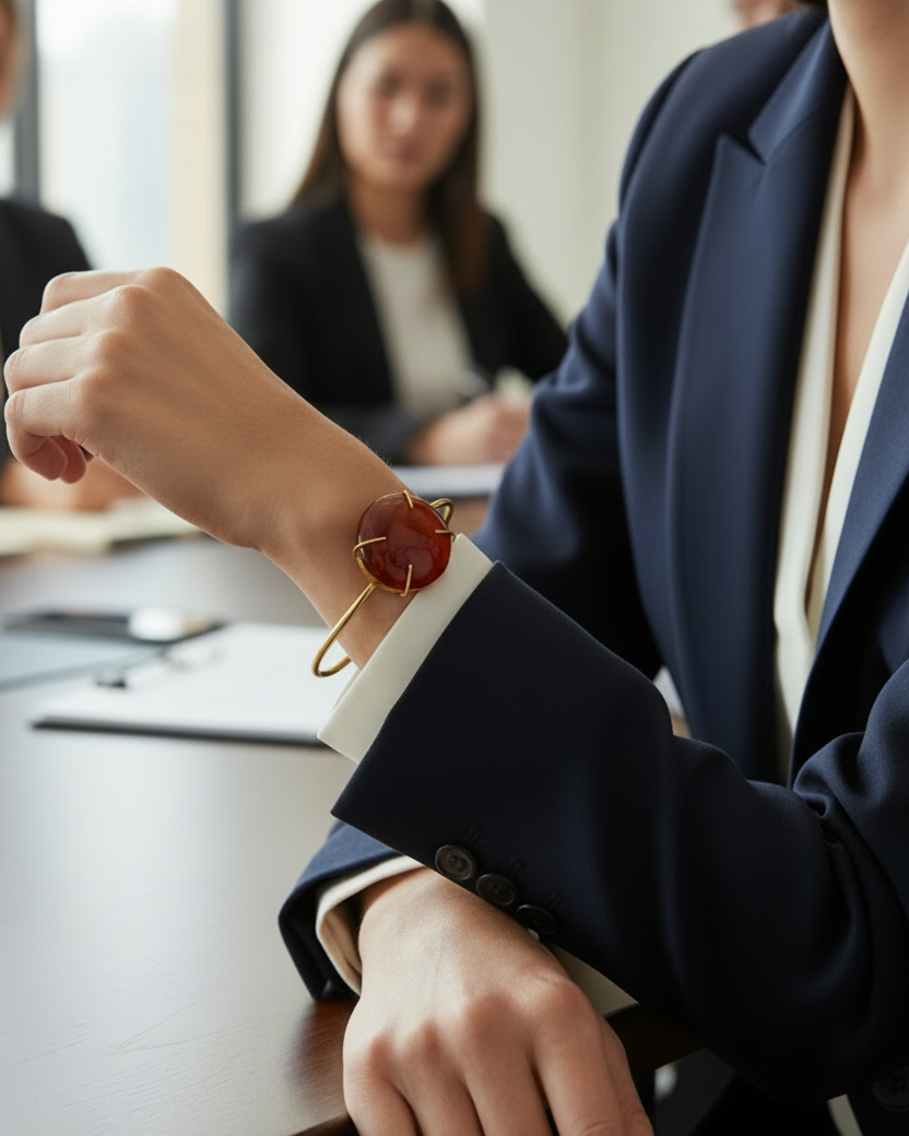 A gold-toned metal cuff bracelet featuring a large, polished oval amber stone in a prong setting, displayed on a warm beige background.