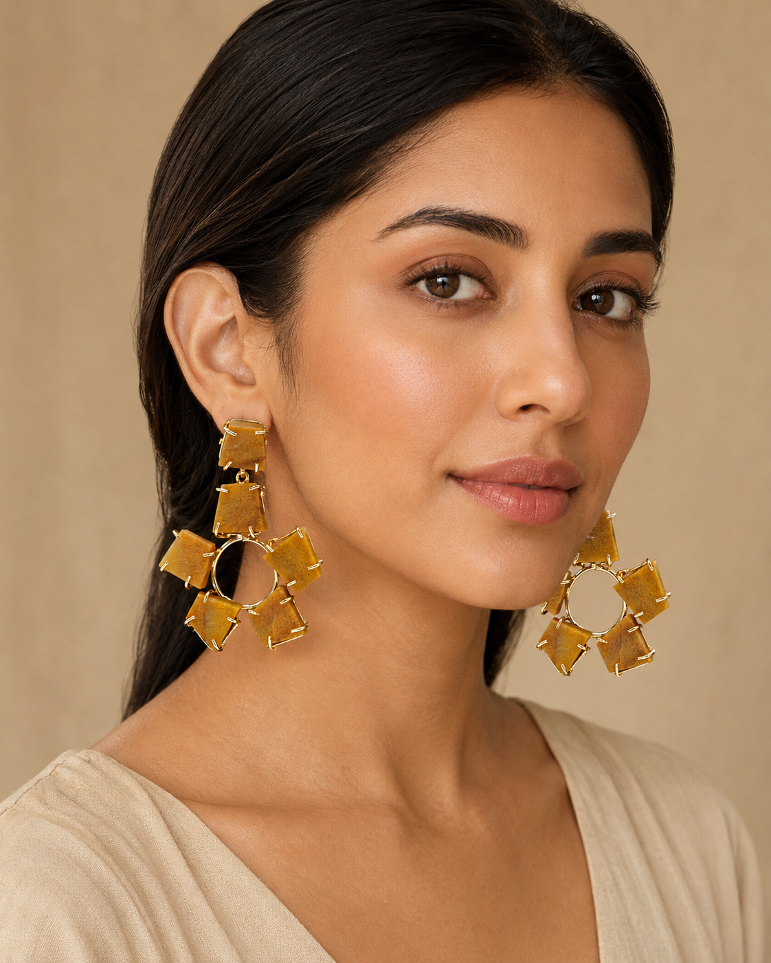 Amber Raw Stone Floral Drop Earrings