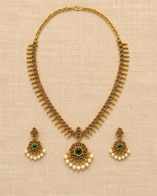 Royal Chettinadu Ruby& Green Kemp Stone Necklace Set
