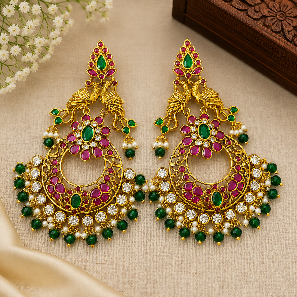 Ruby& Emerald Kemp Chandbali Earrings