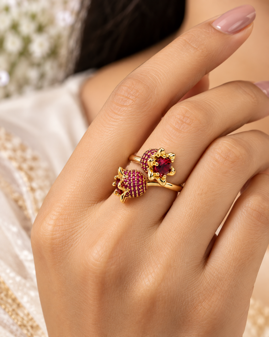 Crimson Bloom Twin-Cluster Ring