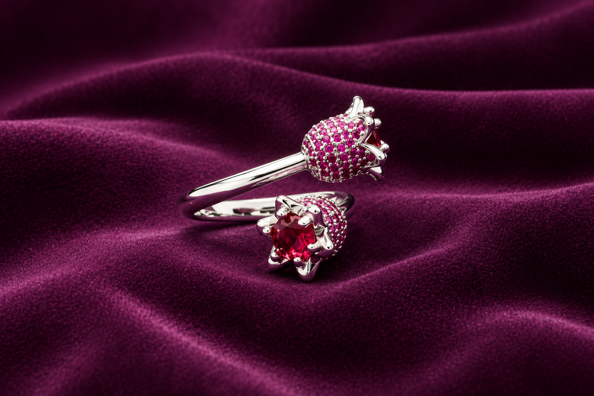 Crimson Bloom Twin-Cluster Ring