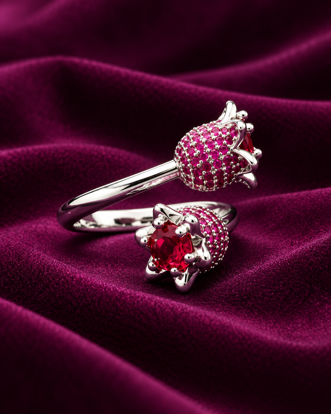 Crimson Bloom Twin-Cluster Ring