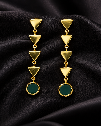  Pair of Gold Drops Earrings with four stacked triangular gold-tone links ending in a round green natural stone, laid on draped black satin – GemofU golden drops with green natural stone bottom .light weight earrings