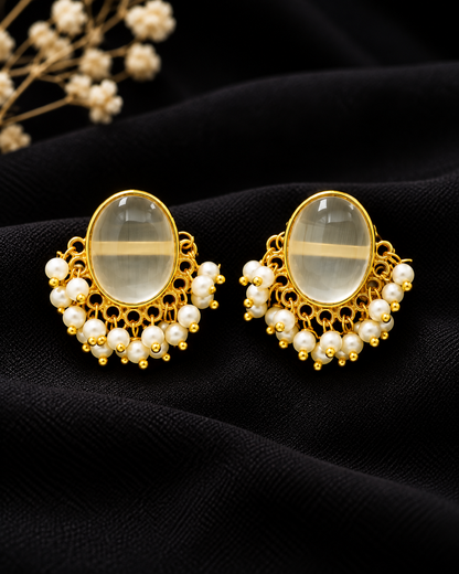 Oval Cabochon Pearl-Fringe Stud Earrings