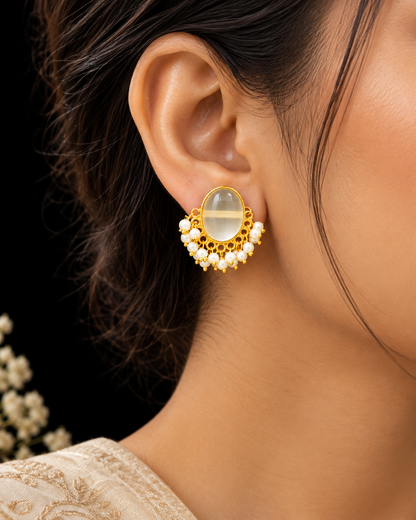 Oval Cabochon Pearl-Fringe Stud Earrings