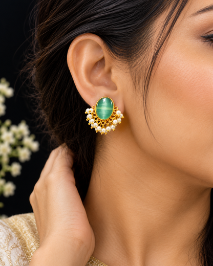 Oval Cabochon Pearl-Fringe Stud Earrings