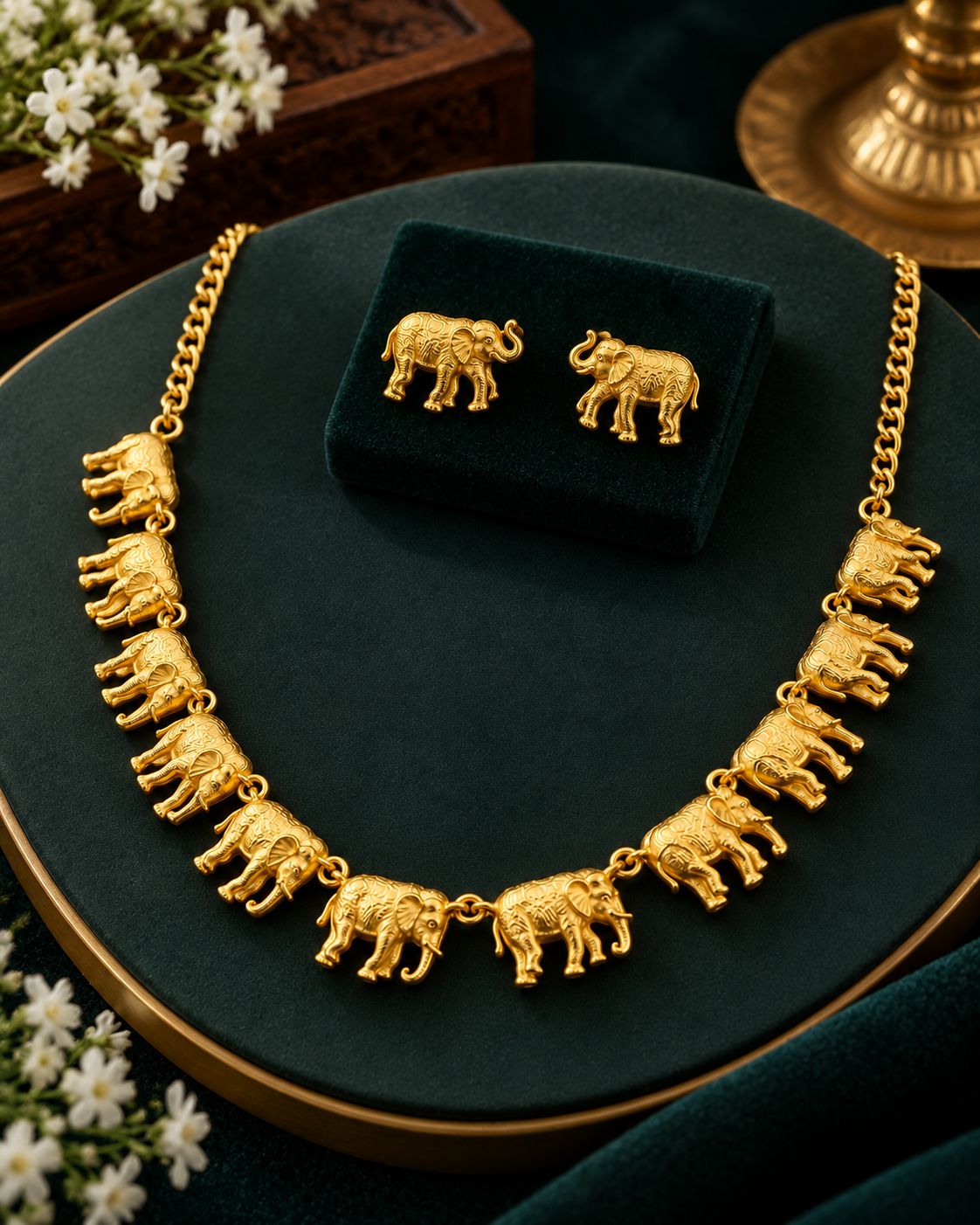 Gold elephant-themed jewelry set featuring a necklace and matching stud earrings, displayed on a dark green velvet jewelry box and round tray.