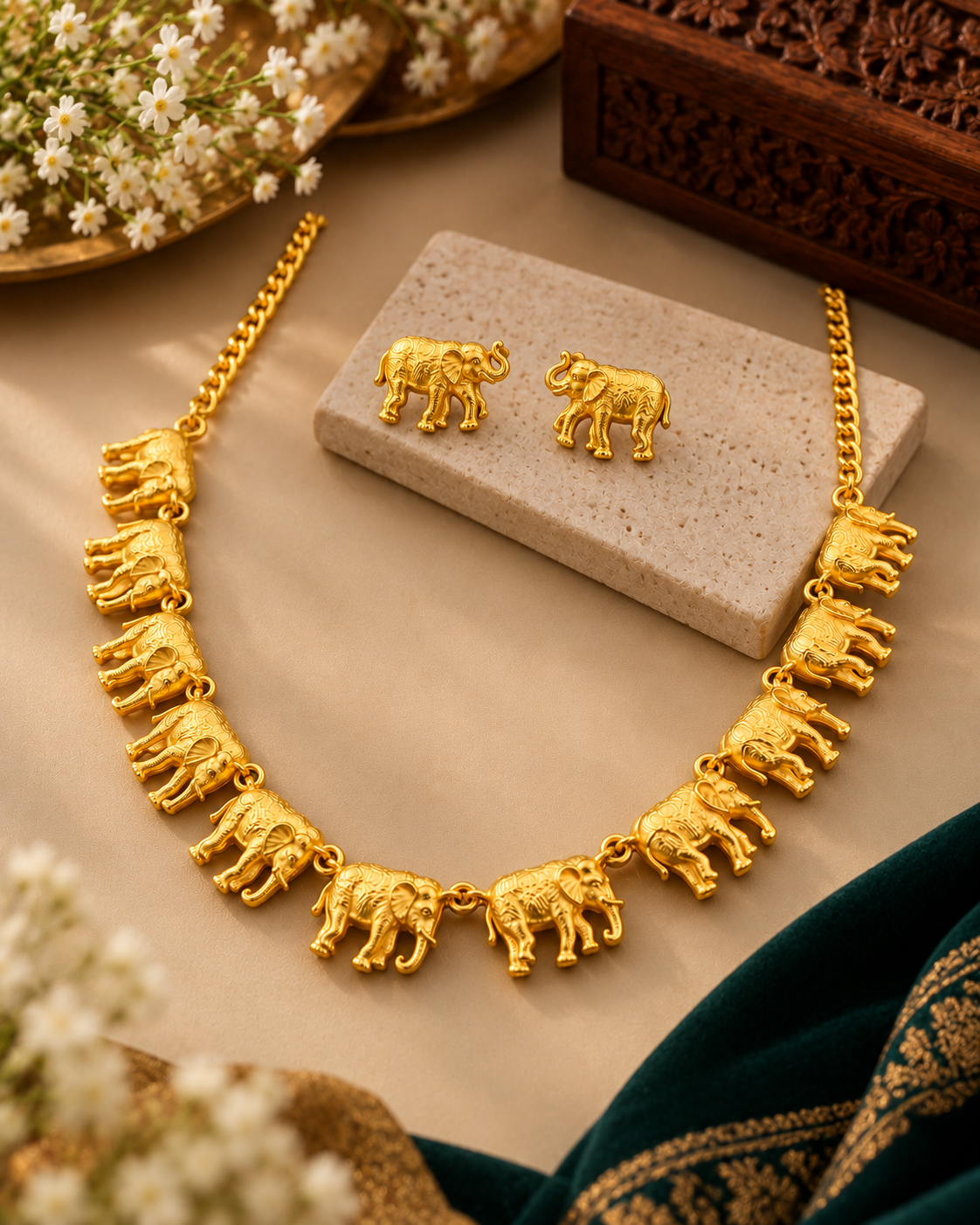 Gold elephant necklace and matching stud earrings displayed on a beige stone block, with decorative flowers and a carved wooden box in the background.