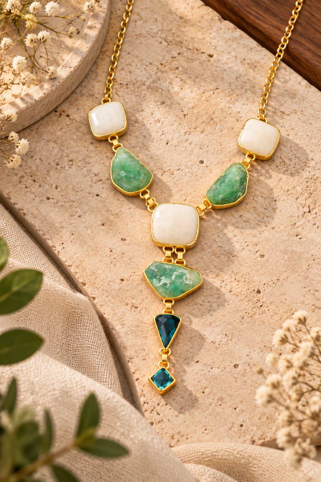 Gold Y -Drop: Light Green Jade Gemstone Handcrafted  Necklace
