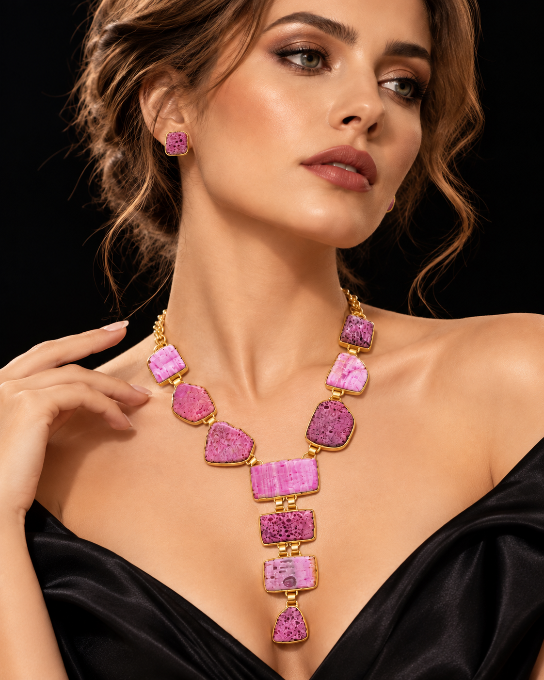 Raw Pink Agate Y-Shaped Statement Necklace