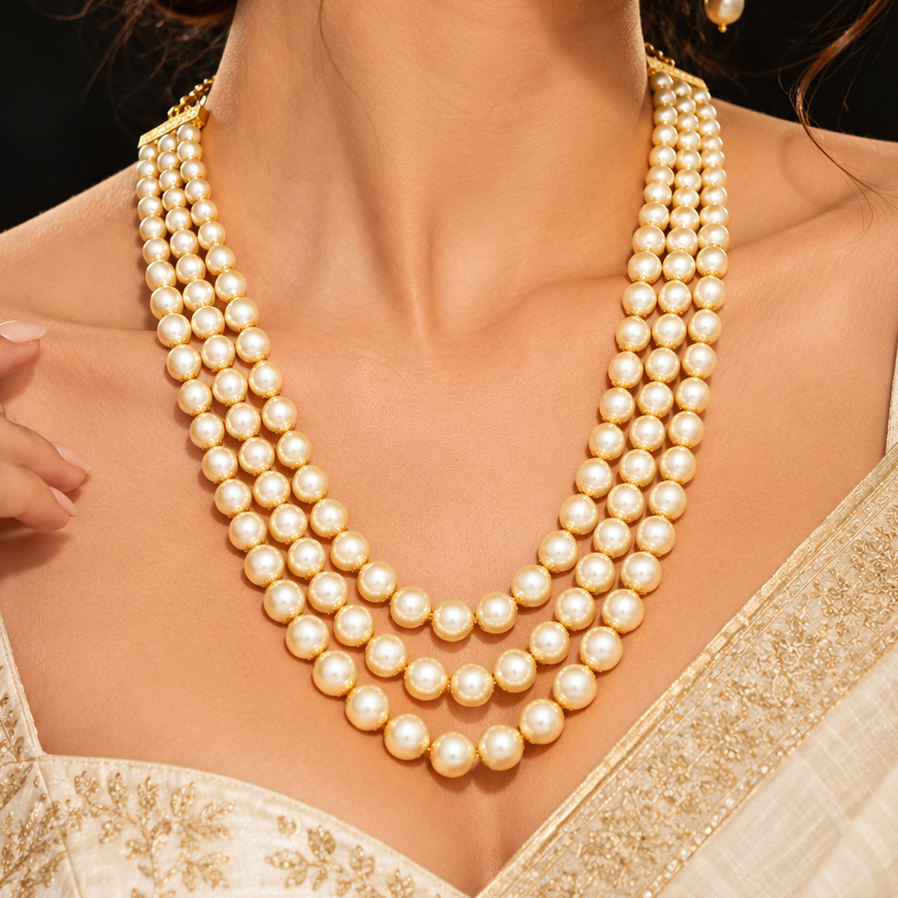 A close-up of a woman wearing a multi-strand pearl necklace with matching pearl earrings and a cream-colored embroidered traditional garment.