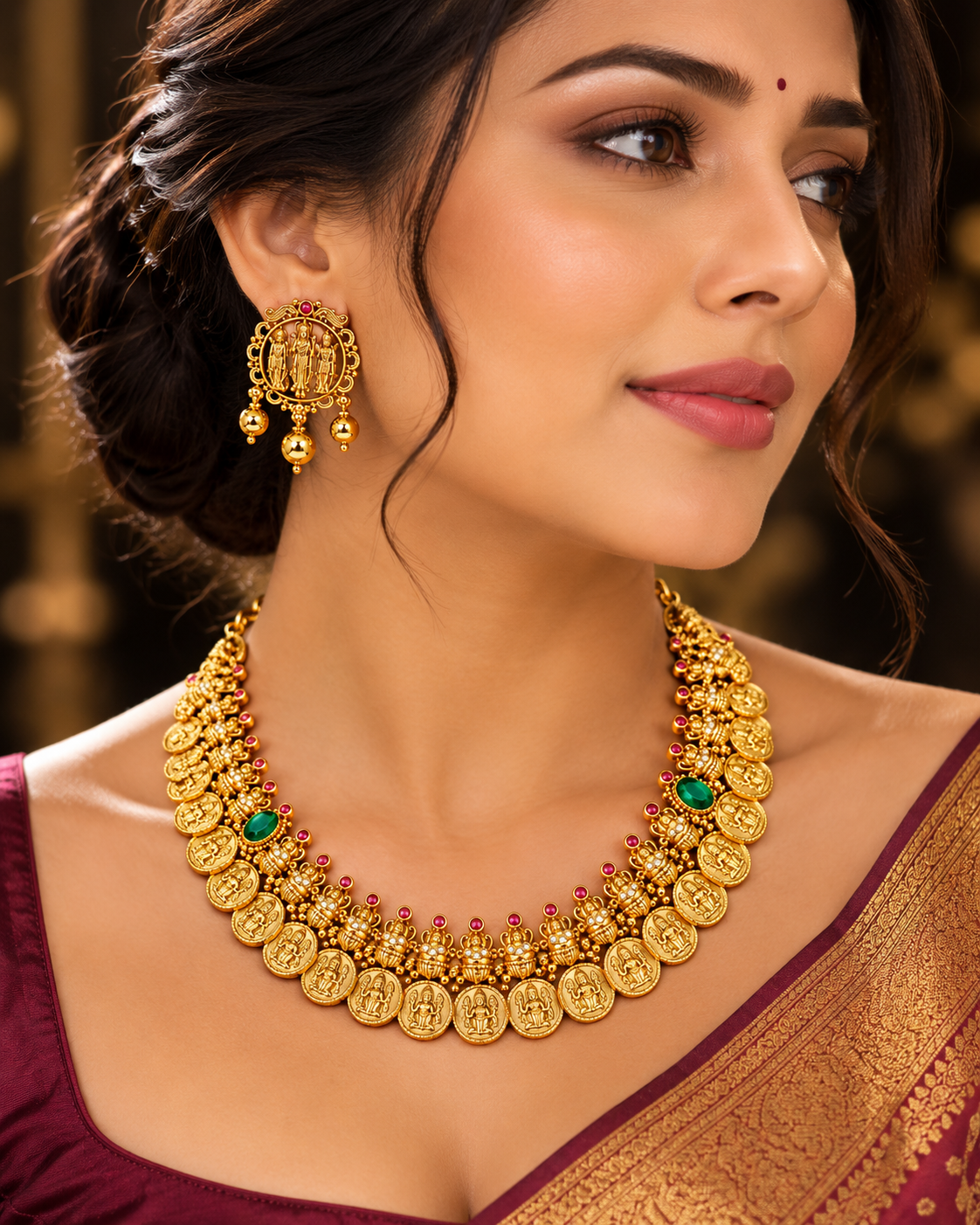 Woman in a gold saree wearing the Ram Durbar trio coin necklace