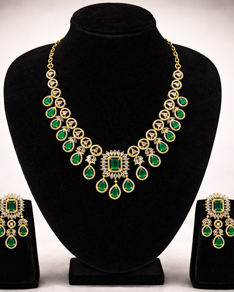 Varmika Emerald& White CZ Stone Luxe Necklace Set