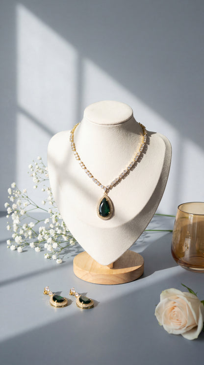 Zoe Victorian Emerald Halo CZ Necklace Set