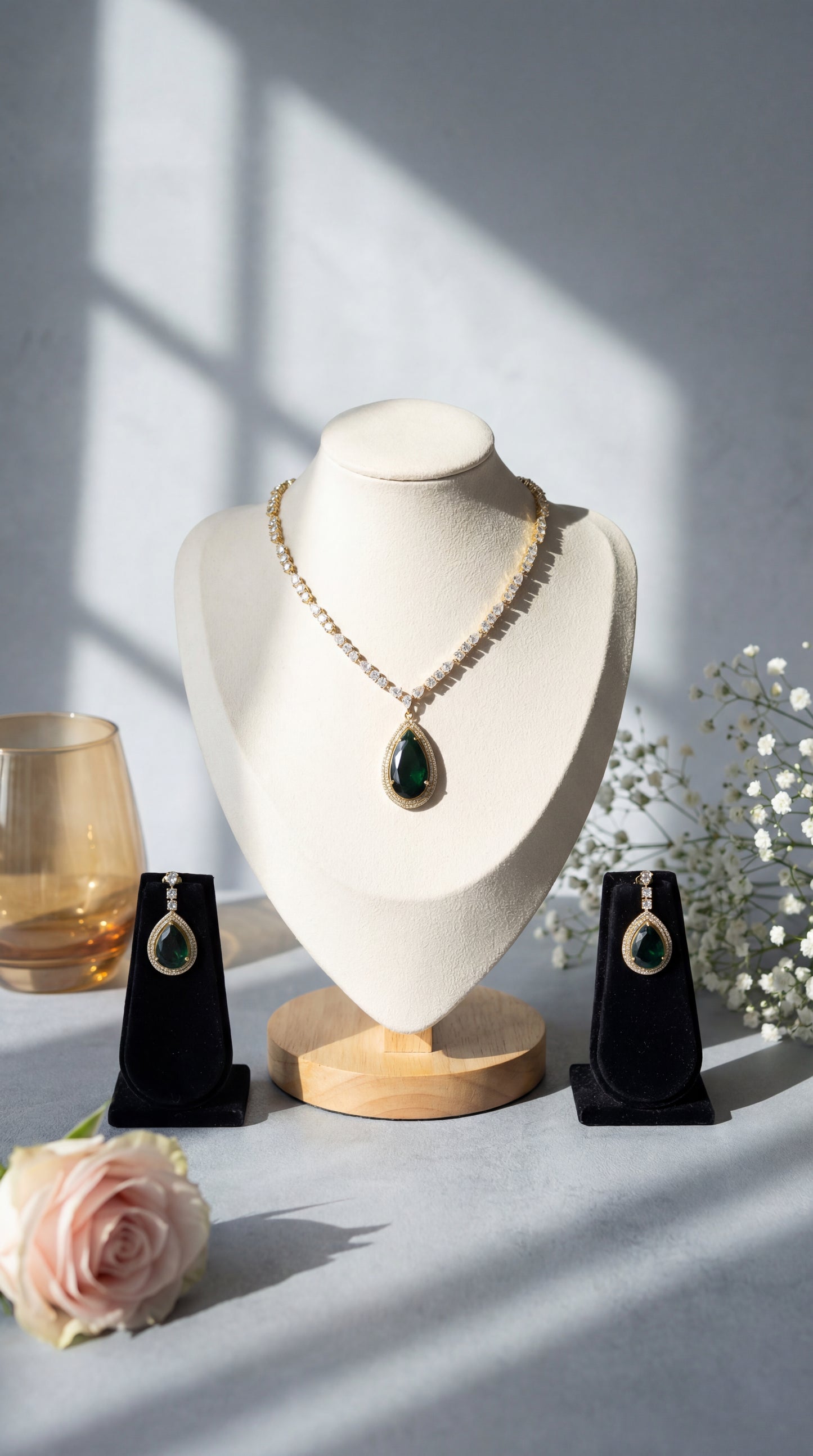 Zoe Victorian Emerald Halo CZ Necklace Set