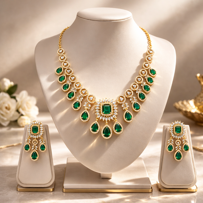 Varmika Emerald& White CZ Stone Luxe Necklace Set