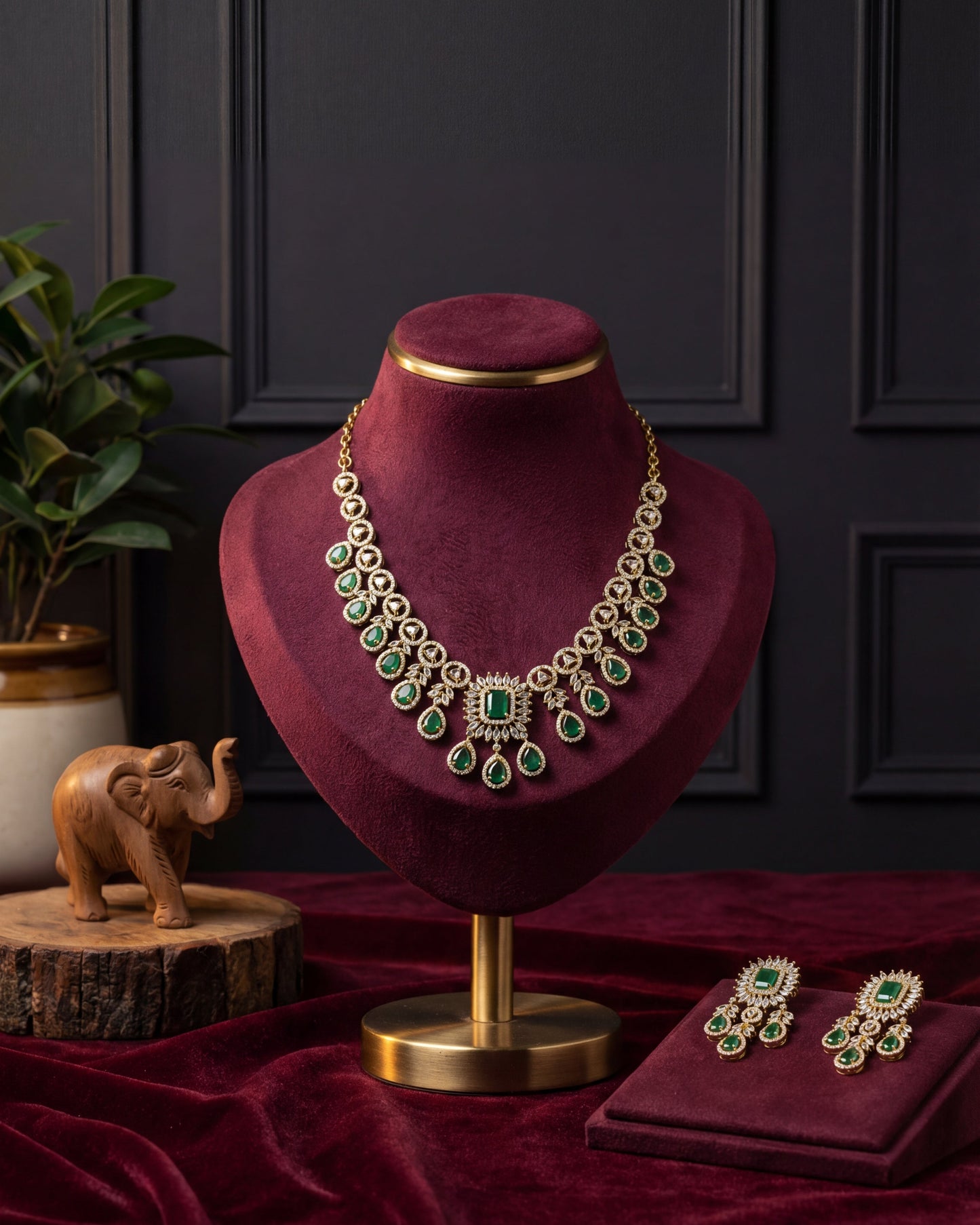 Varmika Emerald& White CZ Stone Luxe Necklace Set