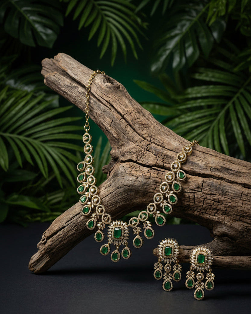 Varmika Emerald& White CZ Stone Luxe Necklace Set