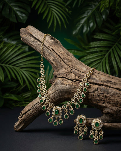 Varmika Emerald& White CZ Stone Luxe Necklace Set