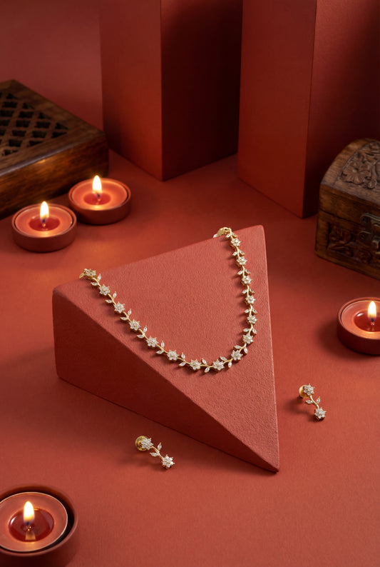 Rosh White CZ Stone Leaf & Bloom Nature -Inspired Necklace