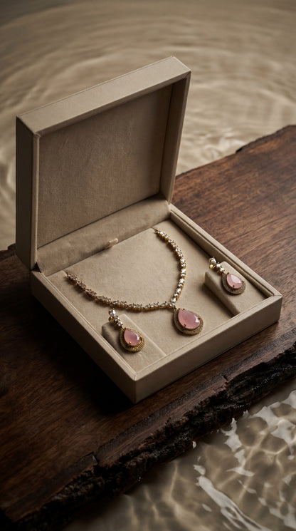 Zian Victorian Pink Halo CZ Necklace Set