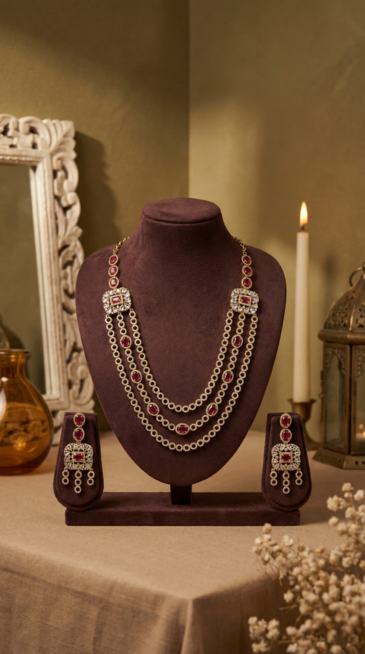 Sushmita CZ Red&White Multistone 3 Layer Necklace