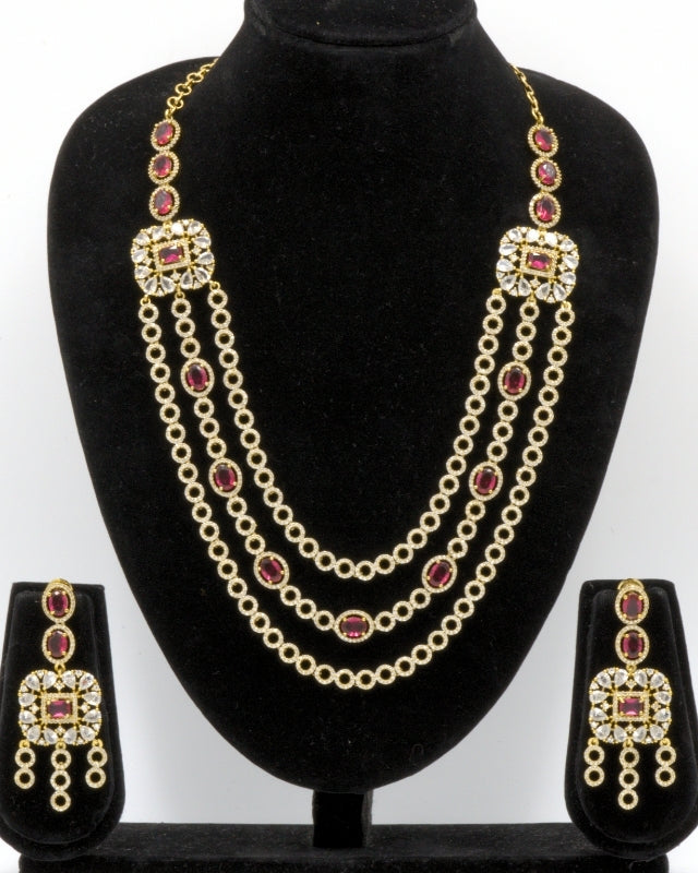 Sushmita CZ Red&White Multistone 3 Layer Necklace
