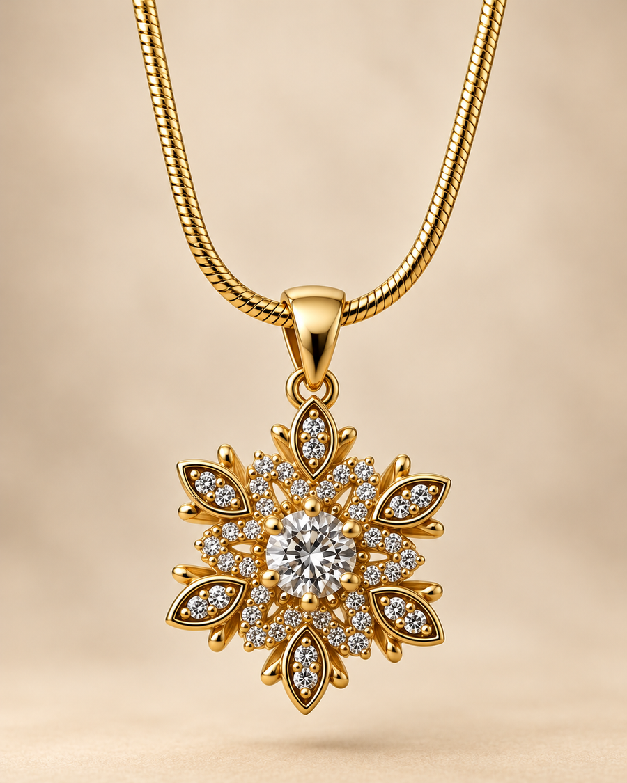 Golden Floral Snowflake Pendant Necklace