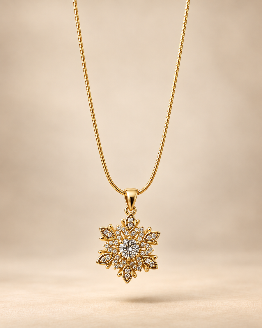 Golden Floral Snowflake Pendant Necklace