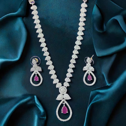 AD STONE WHITE OASIS NECKPIECE WITH EARRINGS RHODIUM PLATED