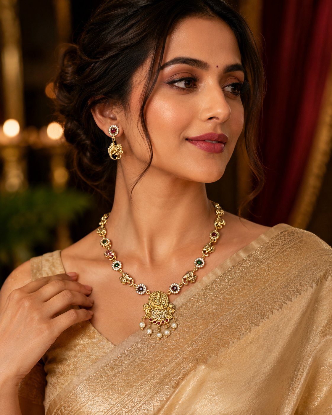 Antique Elephant Motif Lekshmi Pendant Necklace Set