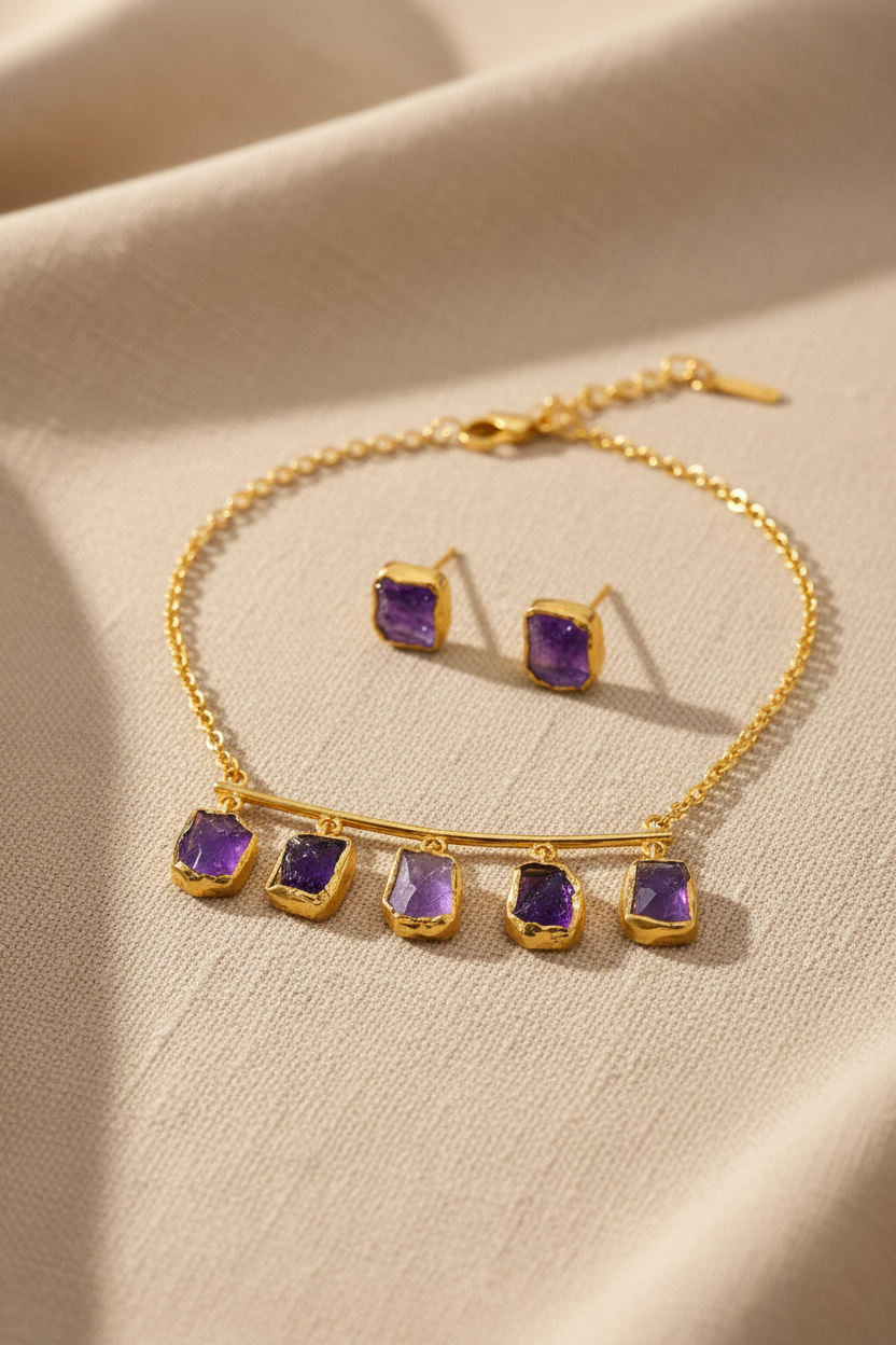 Amara Raw Amethyst Bar Necklace Set