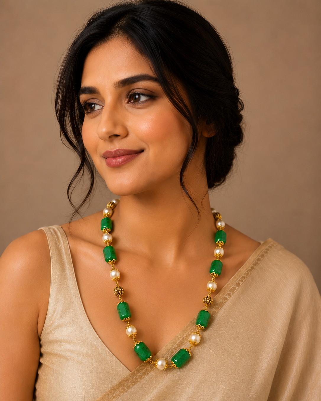 Emerald Green & Pearl Long Necklace