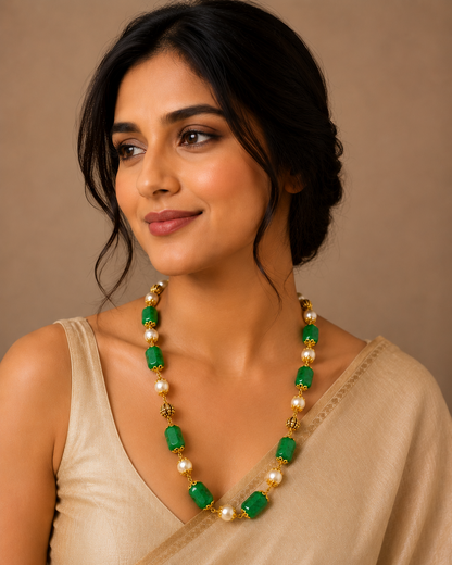 Emerald Green & Pearl Long Necklace