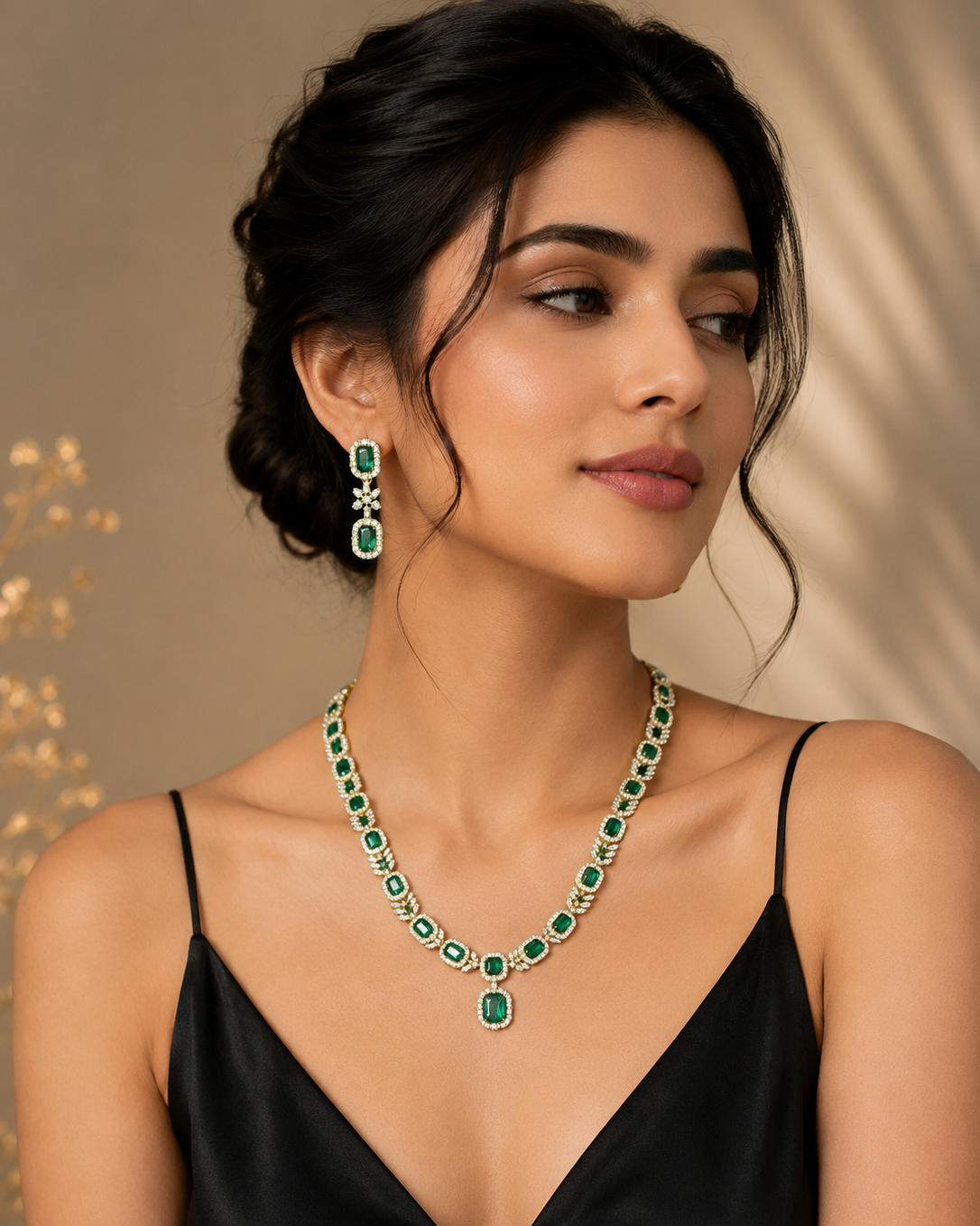 Green CZ Long Party Wear Necklace Set