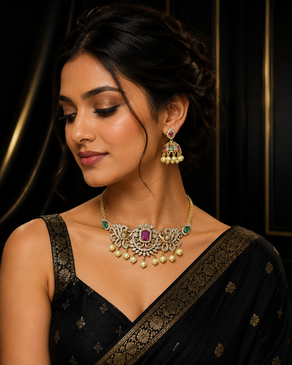 Woman wearing a black saree with gold and jewelry against a dark background