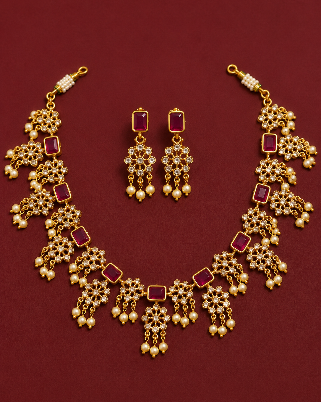 Antique Ruby& Pearl CZ Necklace Set