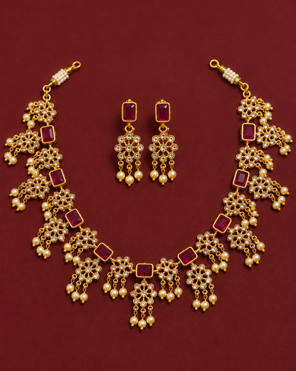 Antique Ruby& Pearl CZ Necklace Set