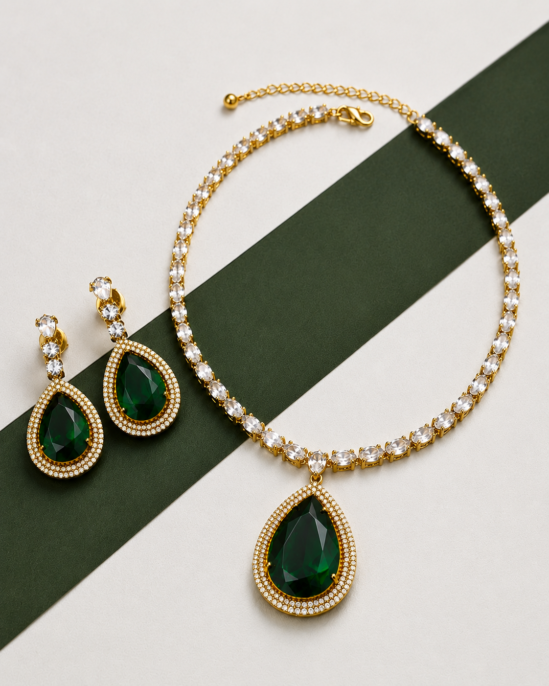 Zoe Victorian Emerald Halo CZ Necklace Set