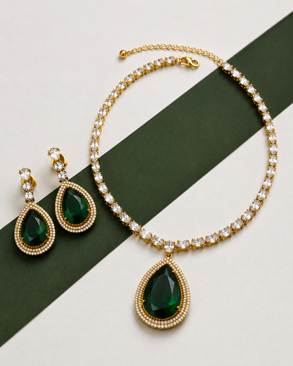 Zoe Victorian Emerald Halo CZ Necklace Set