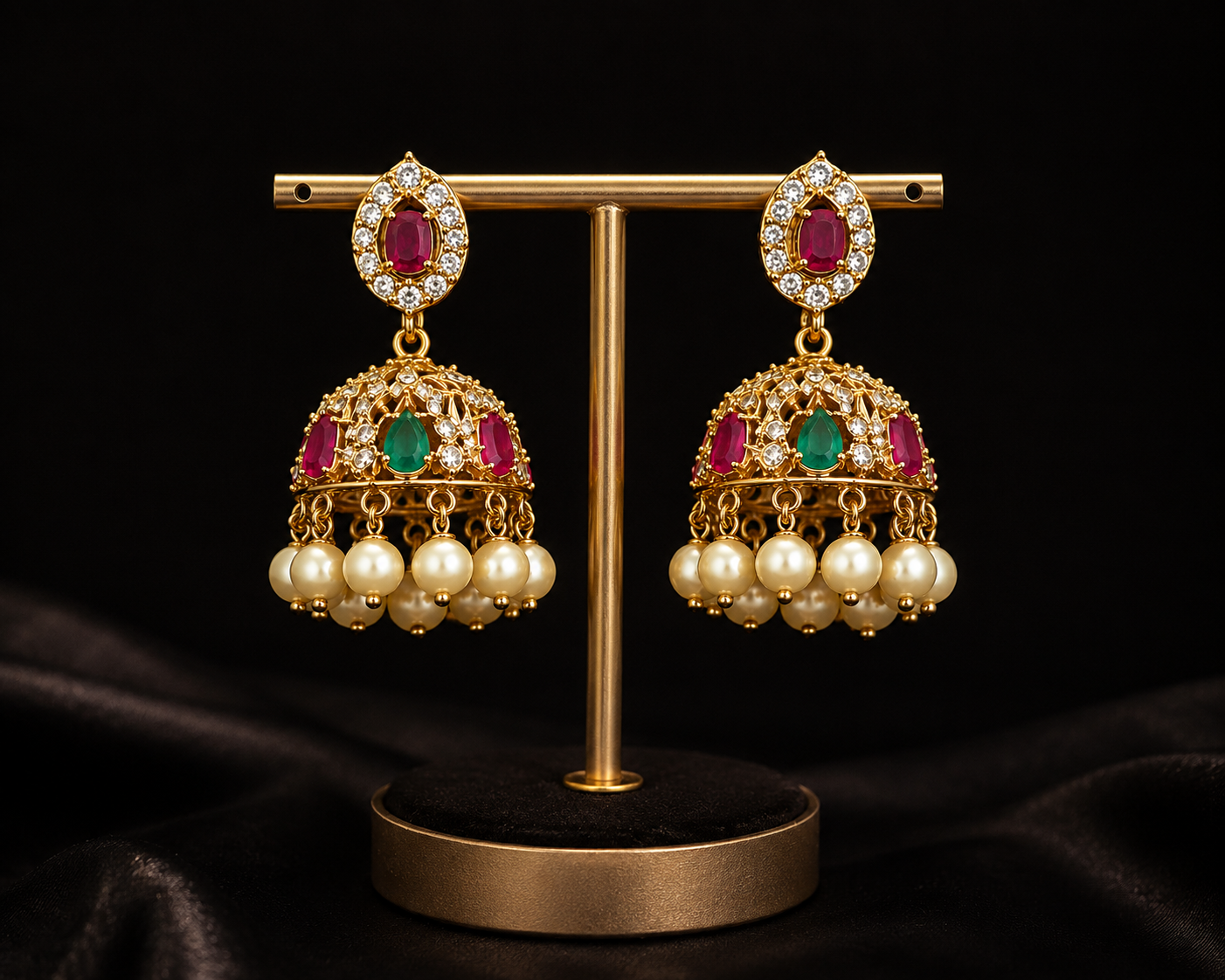 Ornate gold earrings with pearls and gemstones on a black background