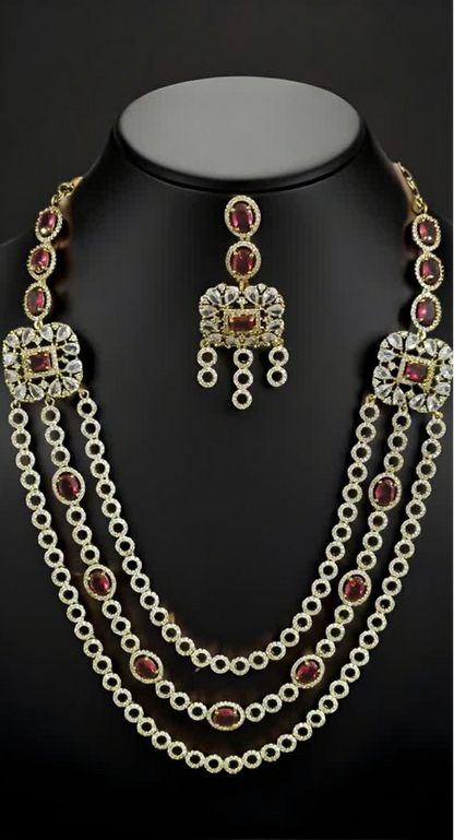 Sushmita 3LayerRed White CZ Multistone Necklace