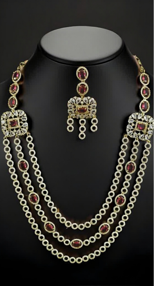Sushmita 3LayerRed White CZ Multistone Necklace