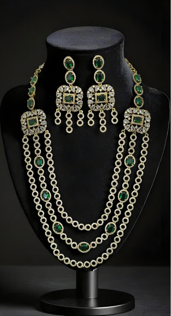 Adrithi 3 Layer CZ Green White Multistone Necklace